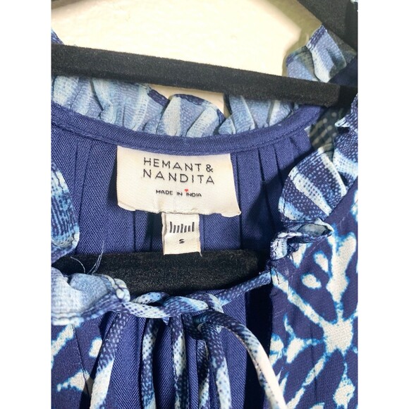 Hemant & Nandita Susan Indigo Mini Dress S Tie Dye Style Long Sleeve Blue Boho - Picture 4 of 7